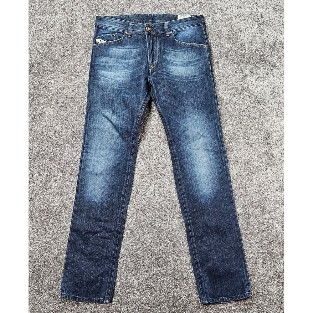 Diesel Darron Jeans Men 32x33 Blue Solid Slim Tapered Dark Wash Button Fly Denim